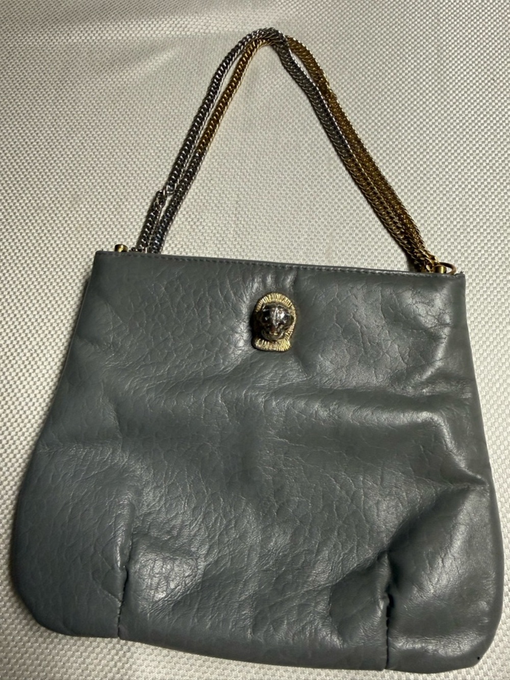 Gray Leather Shoulder Bag with Dual-Tone Chain and Lion-Head Accent